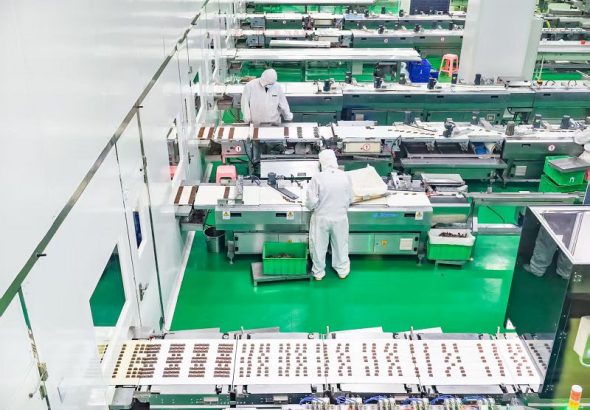 1月23日，天津市濱海新區太平鎮的一家巧克力生產企業車間，工作人員在巧克力自動化生產線工作。中新社