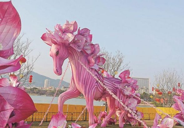 海滄金沙書院，以廈門市花三角梅為創意核心的「馬上生花」。