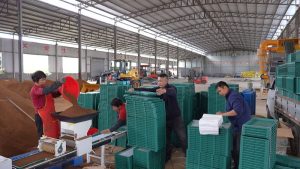 圖為育秧工廠內，工人們分工協作。