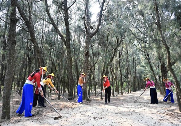 小岞林場惠女護林隊員在林場清理林道。 中新社