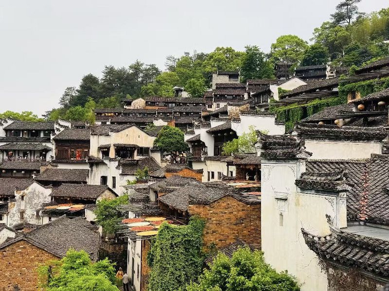 5月2日，在「中國最美鄉村」江西婺源篁嶺古村，民居在山崖上錯落有致。