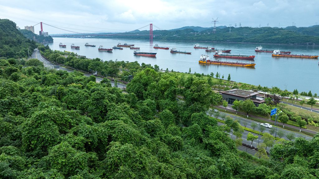 船舶航行在長江湖北宜昌江段（2026年5月13日攝，無人機照片）。